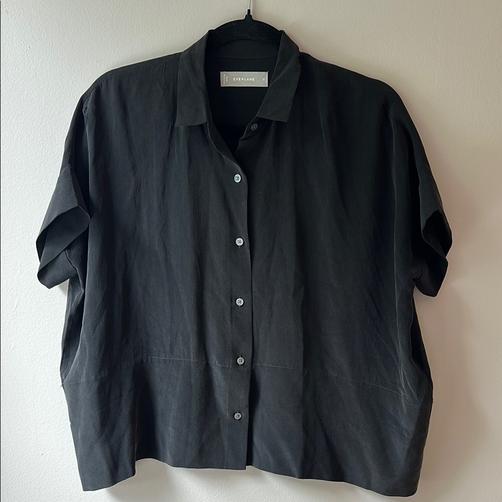 Everlane Black Textured Lightweight Silk Short Sleeve Shirt - Summer Shirt